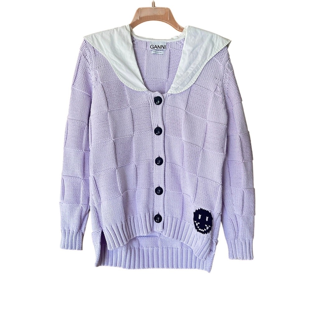 GANNI Sweater Size XS Purple Smiley Cardigan‎ Oversized Sailor Collar Made Italy